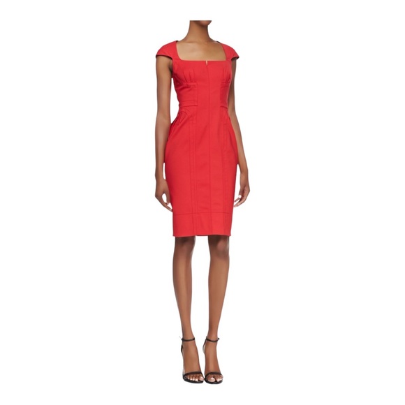 Byron Lars Bright Red Fitted Darted Button Up Back Sheath Pencil Dress SZ 8 - Picture 1 of 14